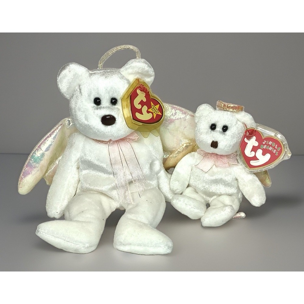 NEW Ty Halo The Bear 1998 Beanie Baby + 2001 Jingle Beanie Iridescent Wings